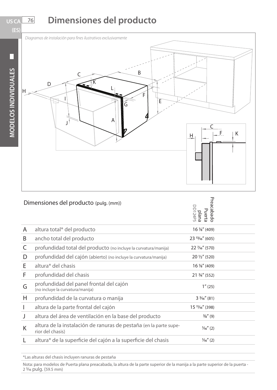 Dimensiones del producto, Modelos individuales | Fisher & Paykel DCS DD224P5 User Manual | Page 78 / 92