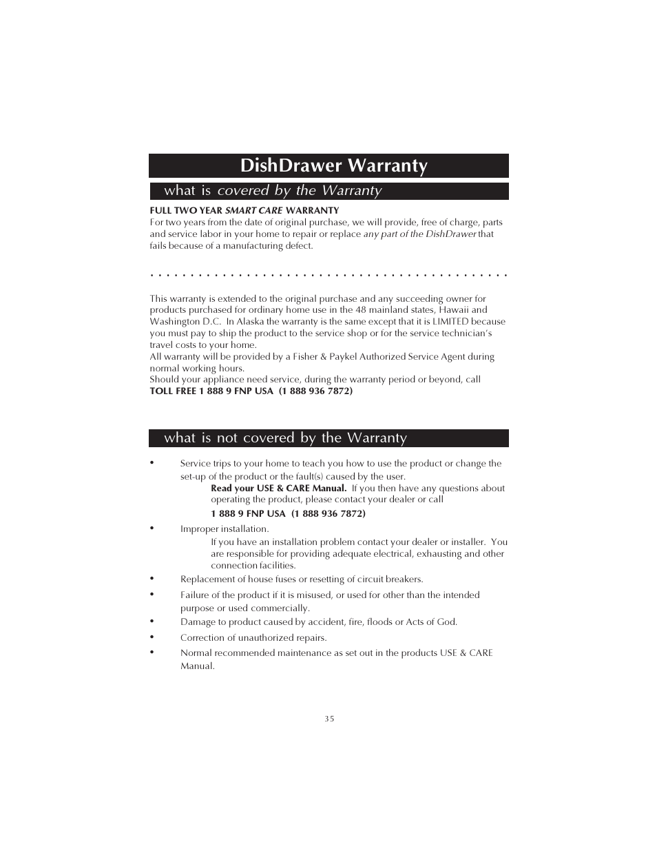 Dishdrawer warranty, What is covered by the warranty, What is not covered by the warranty | Fisher & Paykel DS602 User Manual | Page 36 / 37