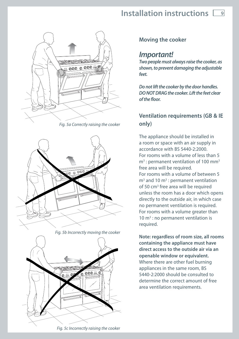 Installation instructions, Important, Moving the cooker | Ventilation requirements (gb & ie only) | Fisher & Paykel FREESTANDING COOKER OR120 User Manual | Page 11 / 48