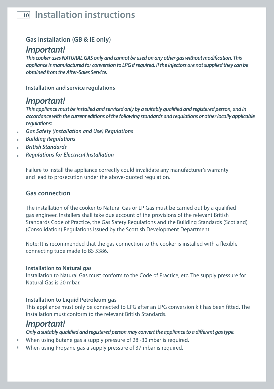 Installation instructions, Important | Fisher & Paykel FREESTANDING COOKER OR120 User Manual | Page 12 / 48