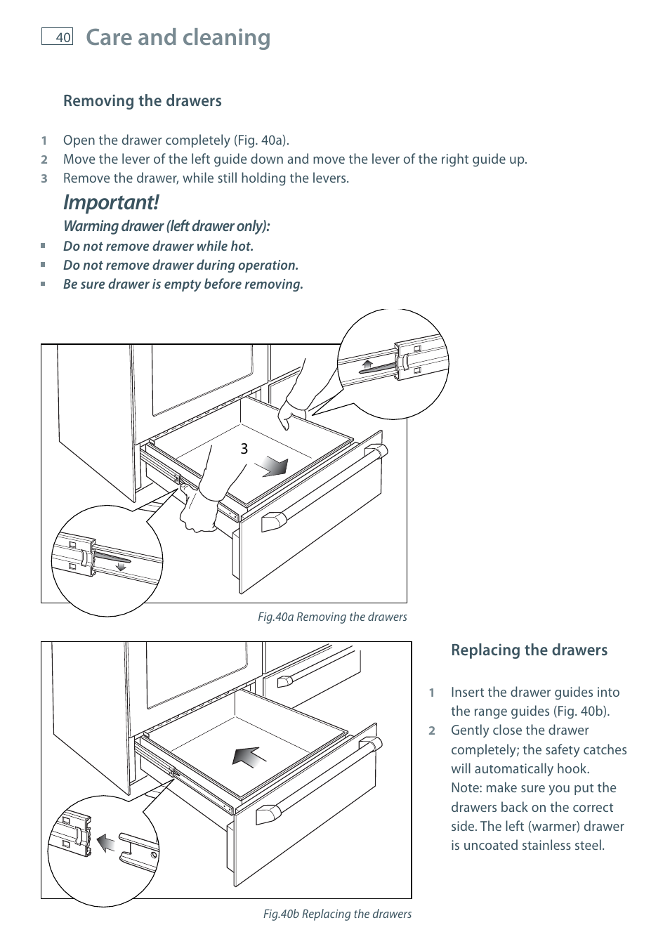 Care and cleaning, Important | Fisher & Paykel FREESTANDING COOKER OR120 User Manual | Page 42 / 48
