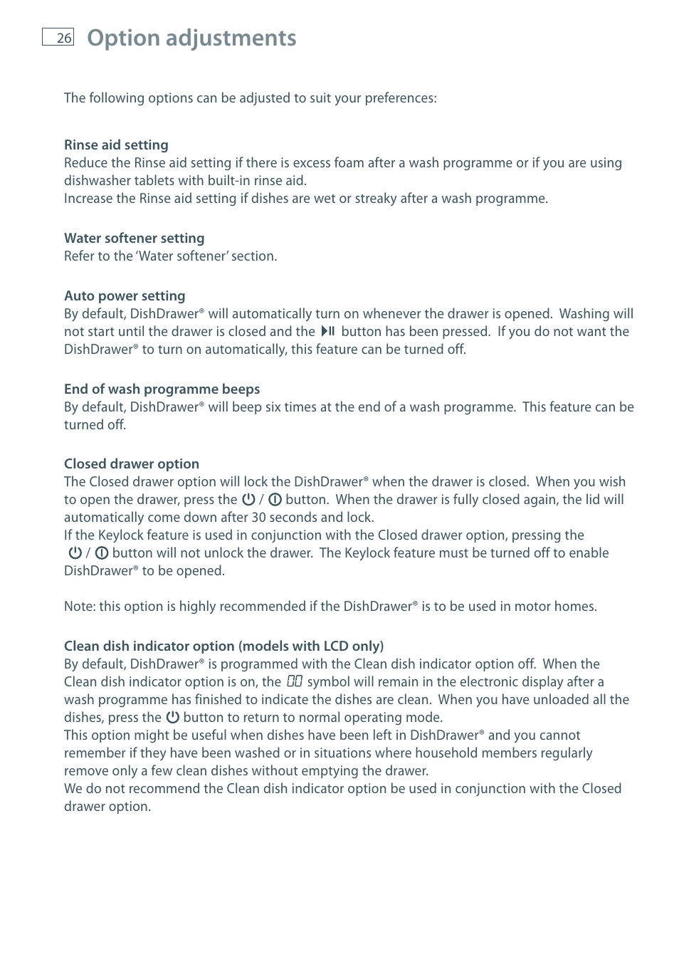 Option adjustments | Fisher & Paykel DD60 User Manual | Page 28 / 48