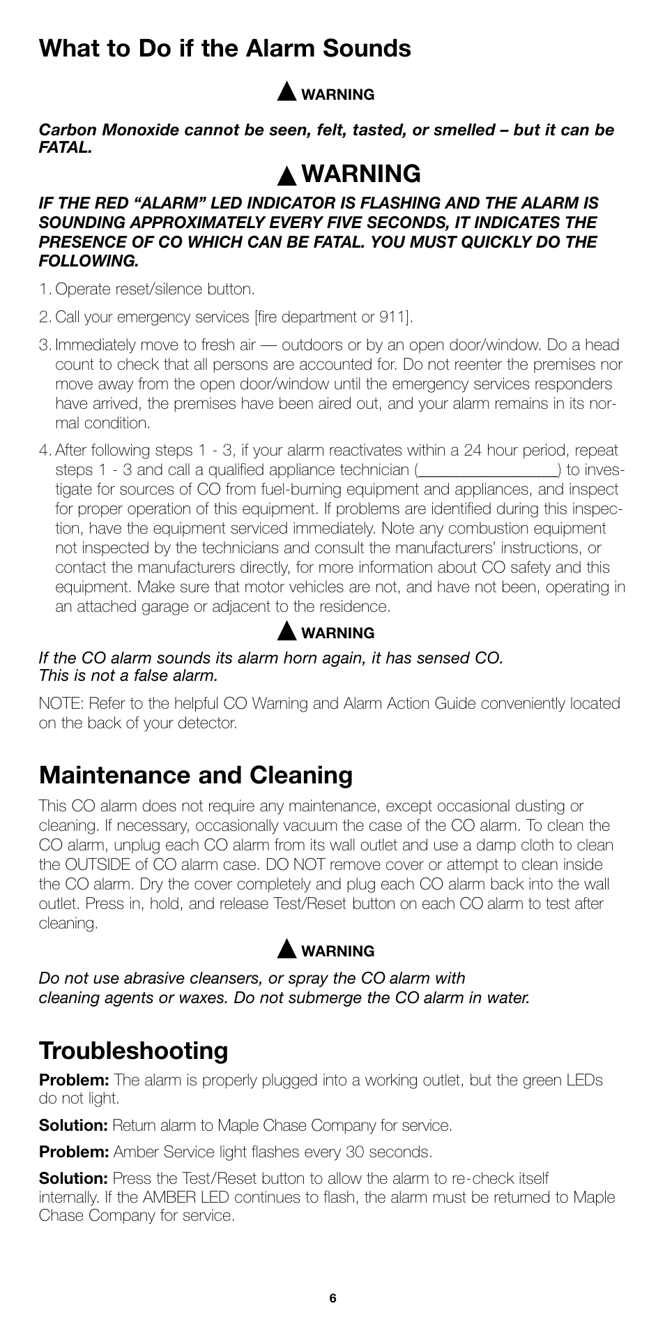 What to do if the alarm sounds, Maintenance and cleaning, Troubleshooting | Warning | Firex COQ1 User Manual | Page 6 / 8