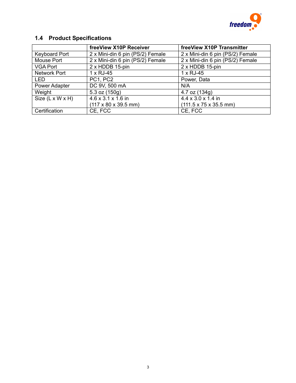 Roduct, Pecifications | Freedom9 X10P User Manual | Page 5 / 9