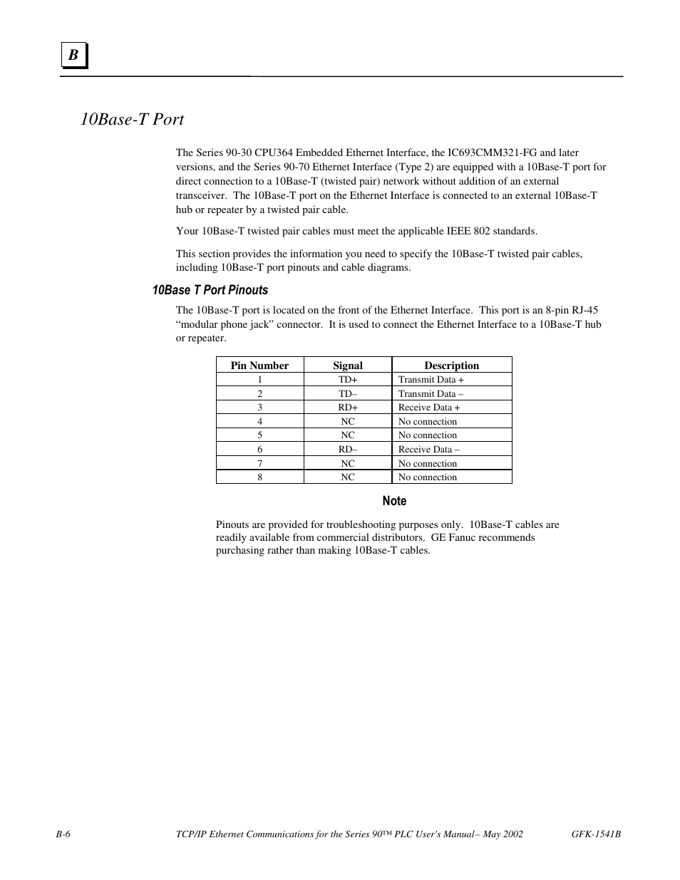 10base-t port, 10base t port pinouts | FANUC Robotics America GFK-1541B User Manual | Page 207 / 240
