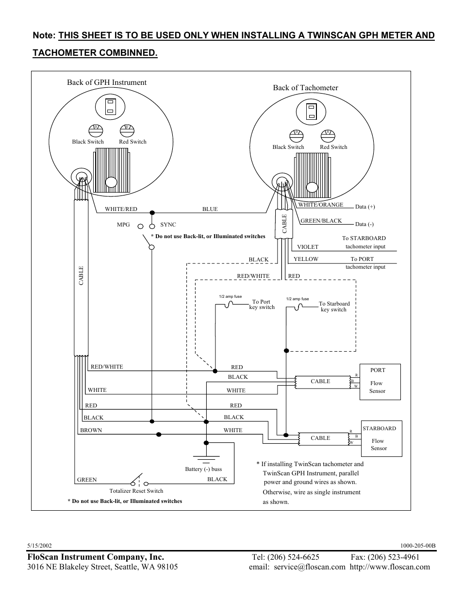 Floscan instrument company, inc, Back of gph instrument, Back of tachometer | Floscan Instrument TWINSCAN 3TB013U User Manual | Page 9 / 18