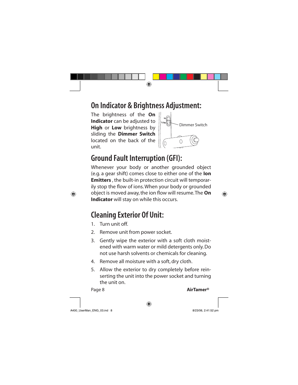 On indicator & brightness adjustment, Ground fault interruption (gfi), Cleaning exterior of unit | FilterStream AirTamer A400 User Manual | Page 10 / 14