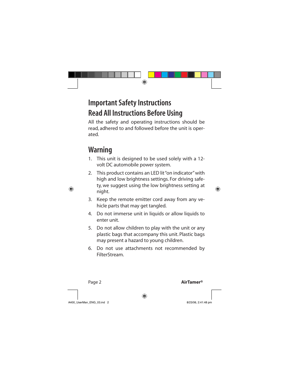 Warning | FilterStream AirTamer A400 User Manual | Page 4 / 14