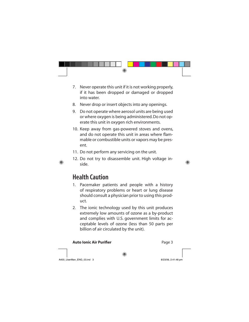 Health caution | FilterStream AirTamer A400 User Manual | Page 5 / 14