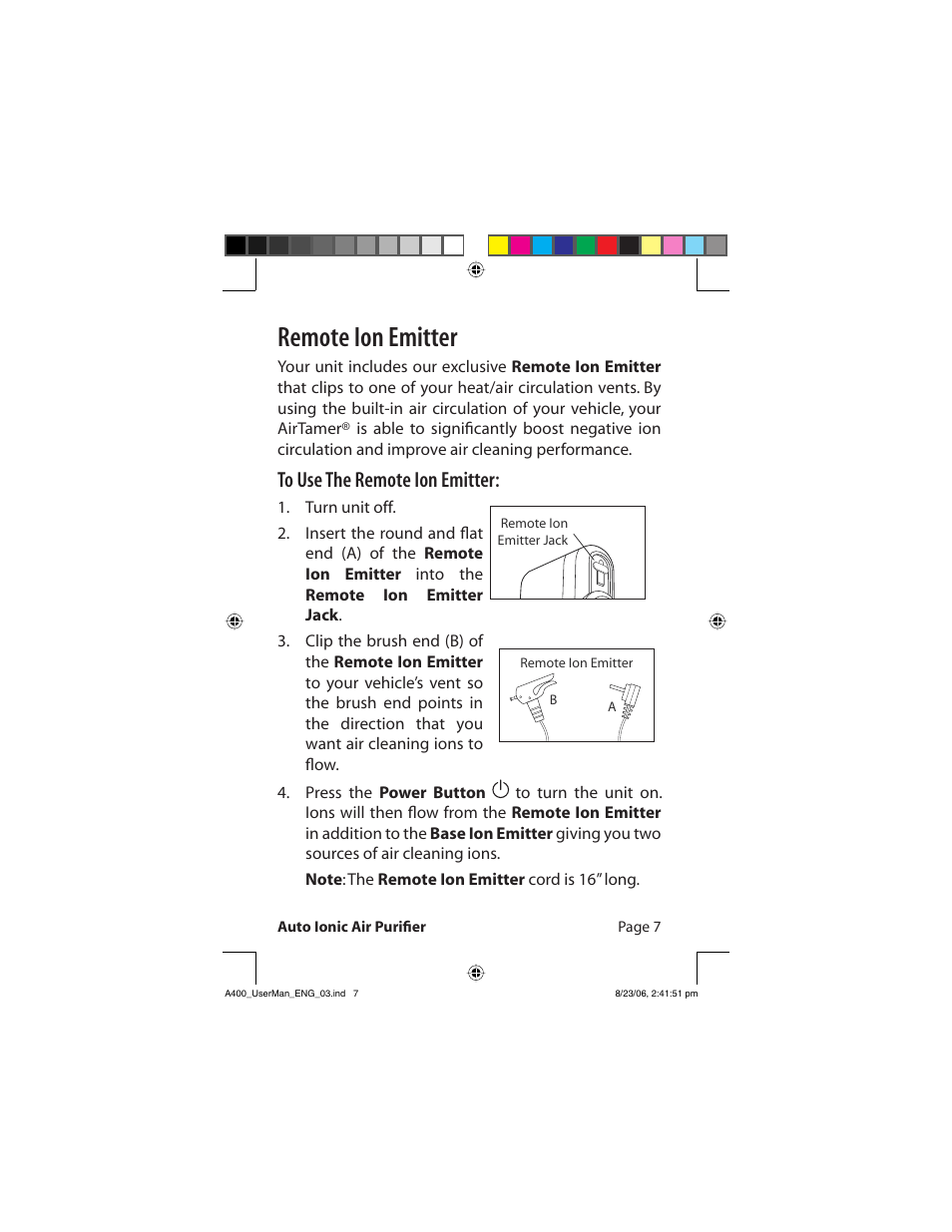 Remote ion emitter | FilterStream AirTamer A400 User Manual | Page 9 / 14