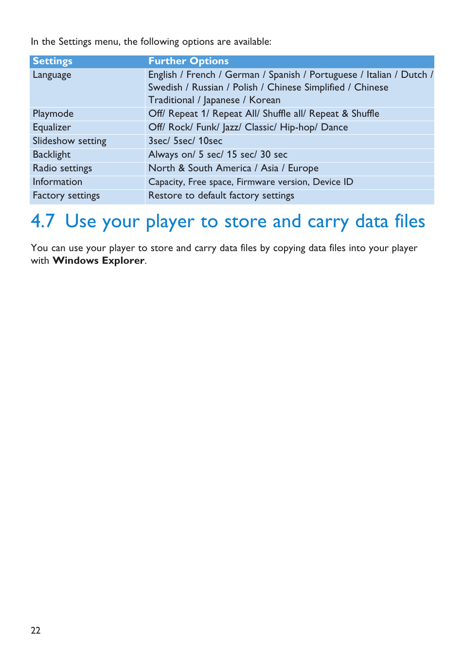7 use your player to store, Use your player to store and carry data files, 7 use your player to store and carry data files | First Virtual Communications Flash Audio Player SA3105 User Manual | Page 22 / 29
