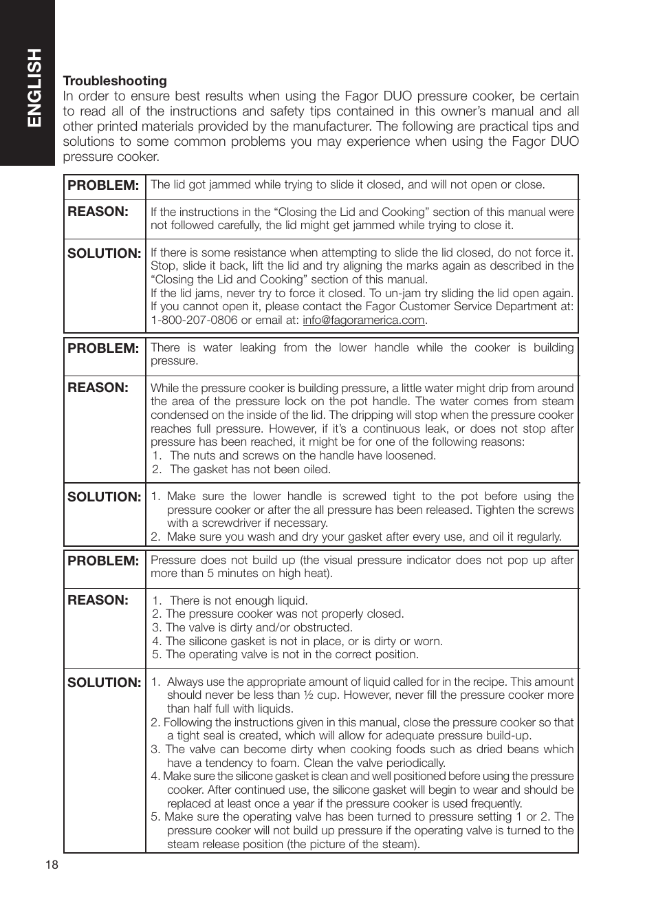English | Fagor America Electric Pressure Cooker User Manual | Page 18 / 76