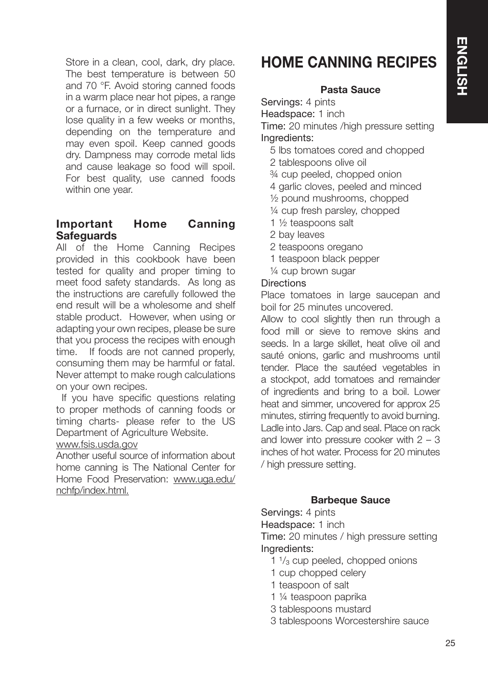 Home canning recipes, English | Fagor America Electric Pressure Cooker User Manual | Page 25 / 76