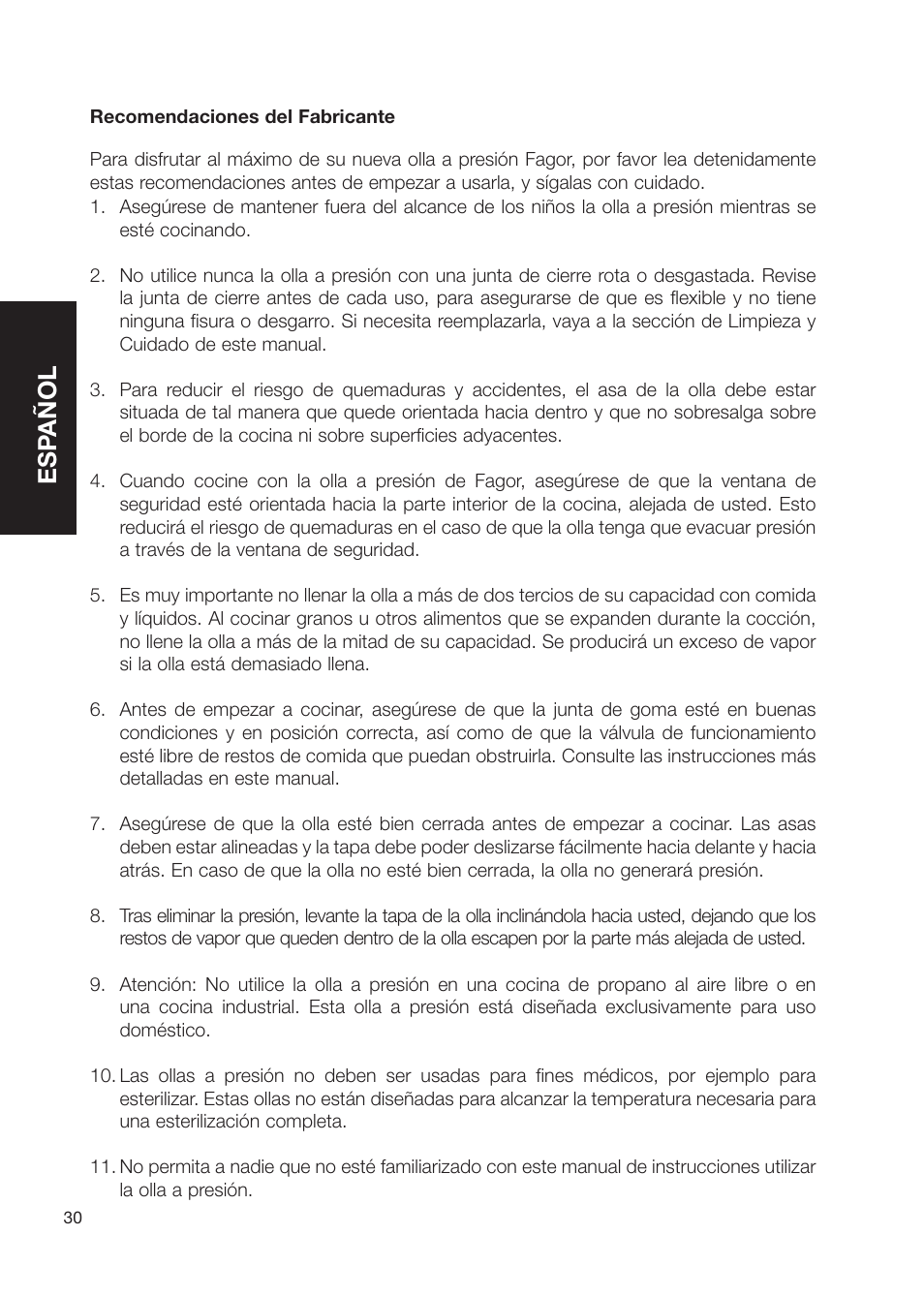 Esp añol | Fagor America Electric Pressure Cooker User Manual | Page 30 / 76