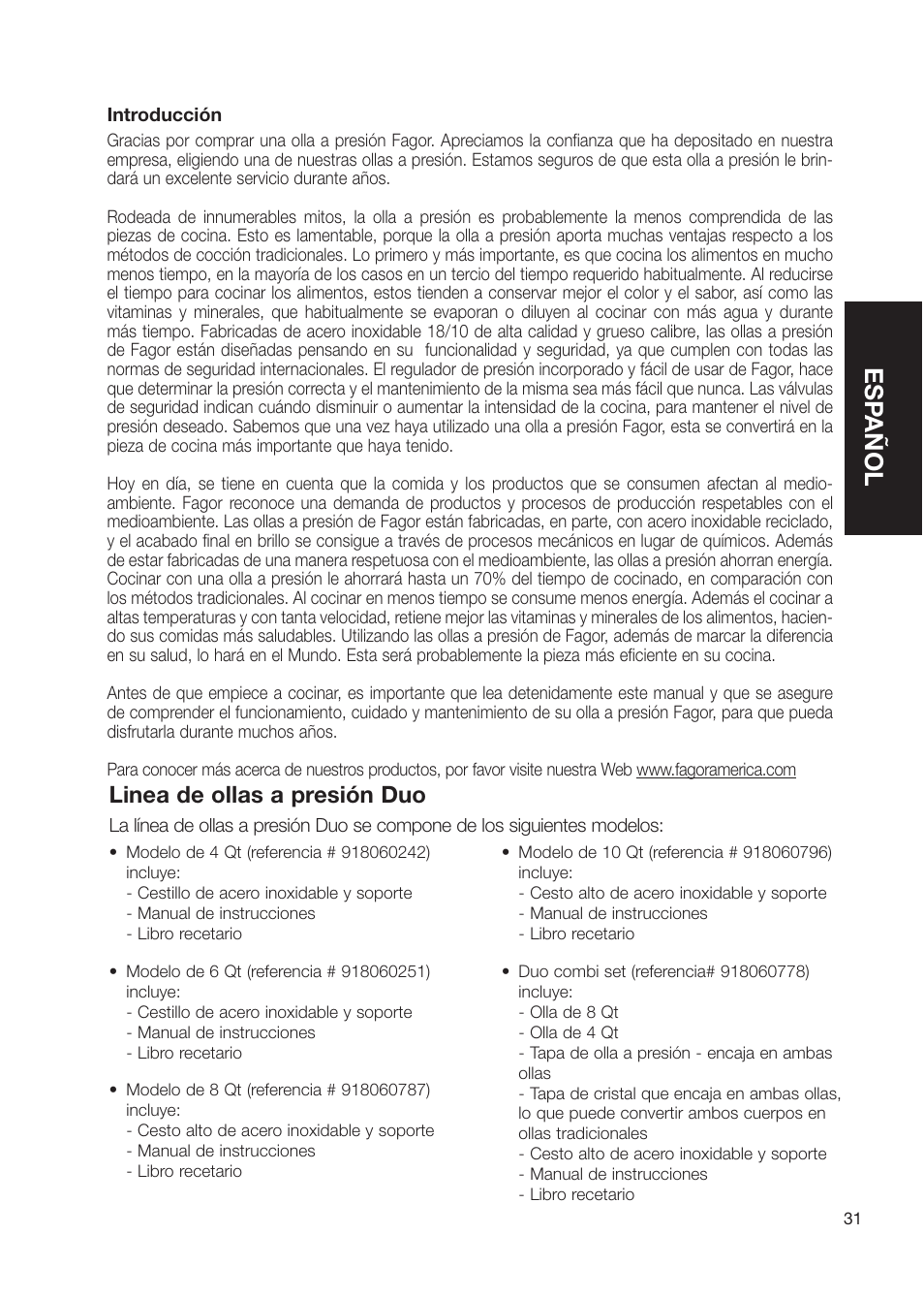 Esp añol, Linea de ollas a presión duo | Fagor America Electric Pressure Cooker User Manual | Page 31 / 76
