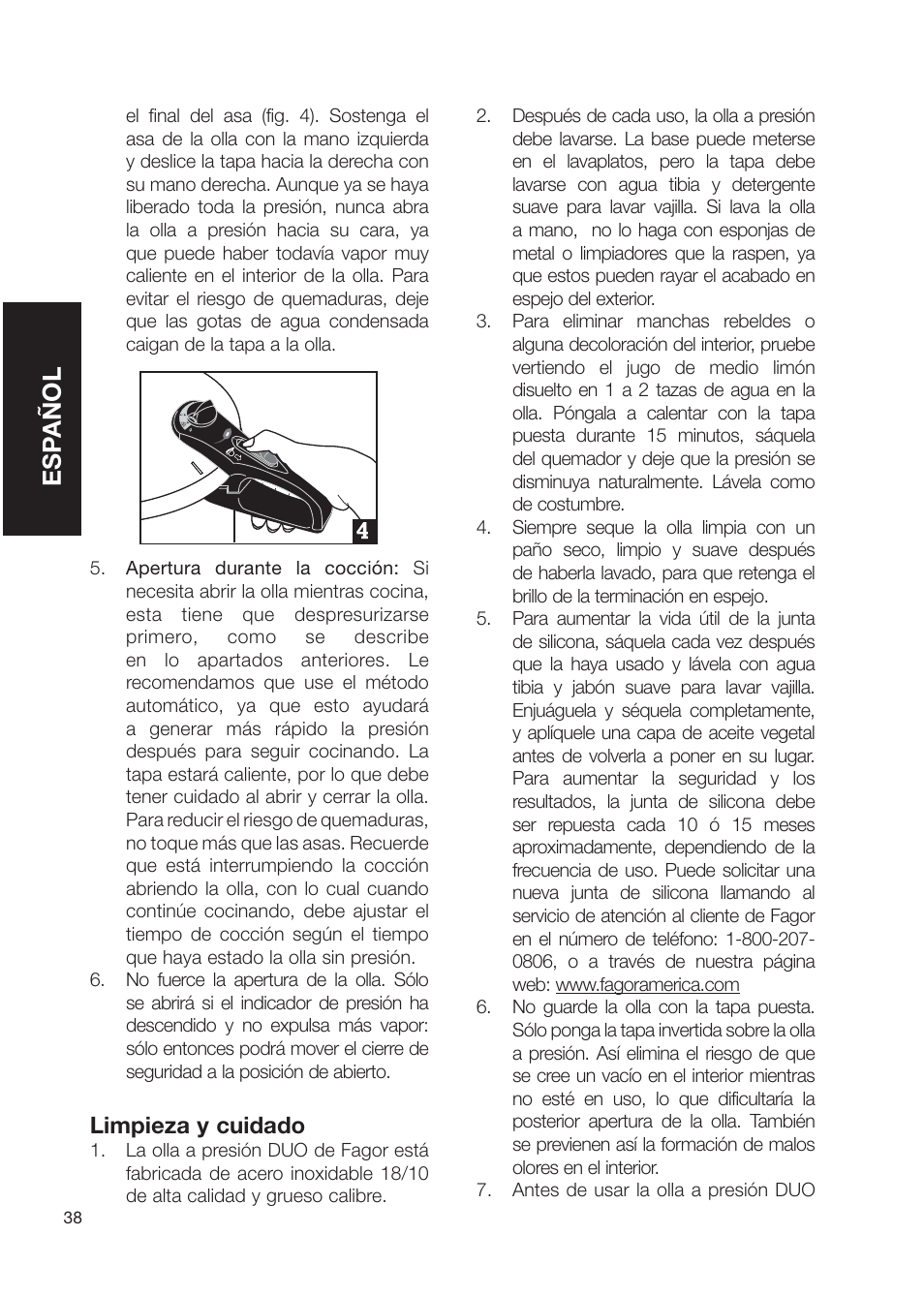 Esp añol, Limpieza y cuidado | Fagor America Electric Pressure Cooker User Manual | Page 38 / 76