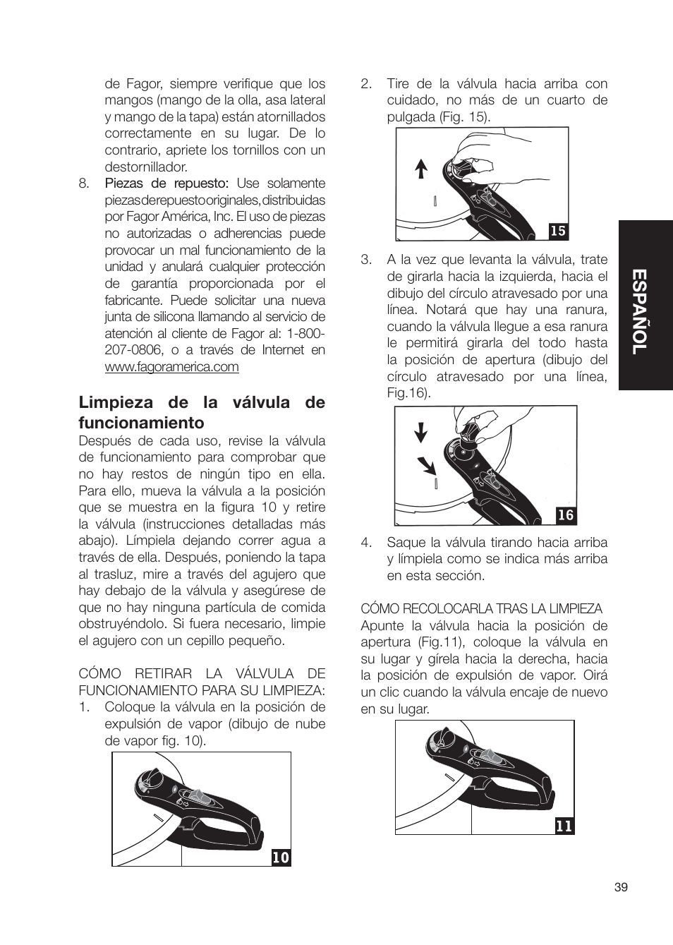 Esp añol, Limpieza de la válvula de funcionamiento | Fagor America Electric Pressure Cooker User Manual | Page 39 / 76