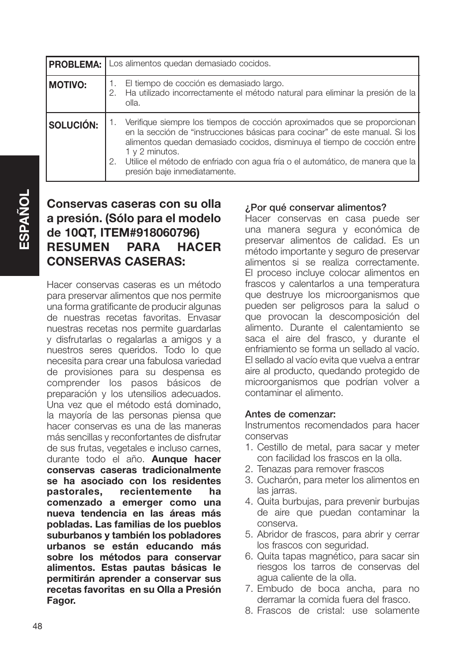 Esp añol | Fagor America Electric Pressure Cooker User Manual | Page 48 / 76