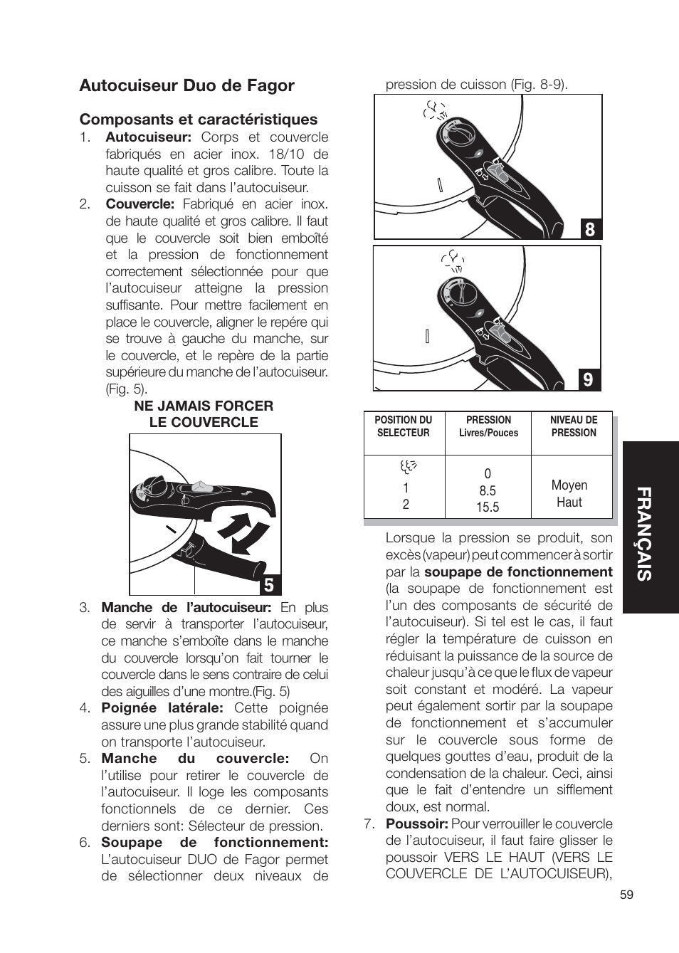 Français, Autocuiseur duo de fagor | Fagor America Electric Pressure Cooker User Manual | Page 59 / 76
