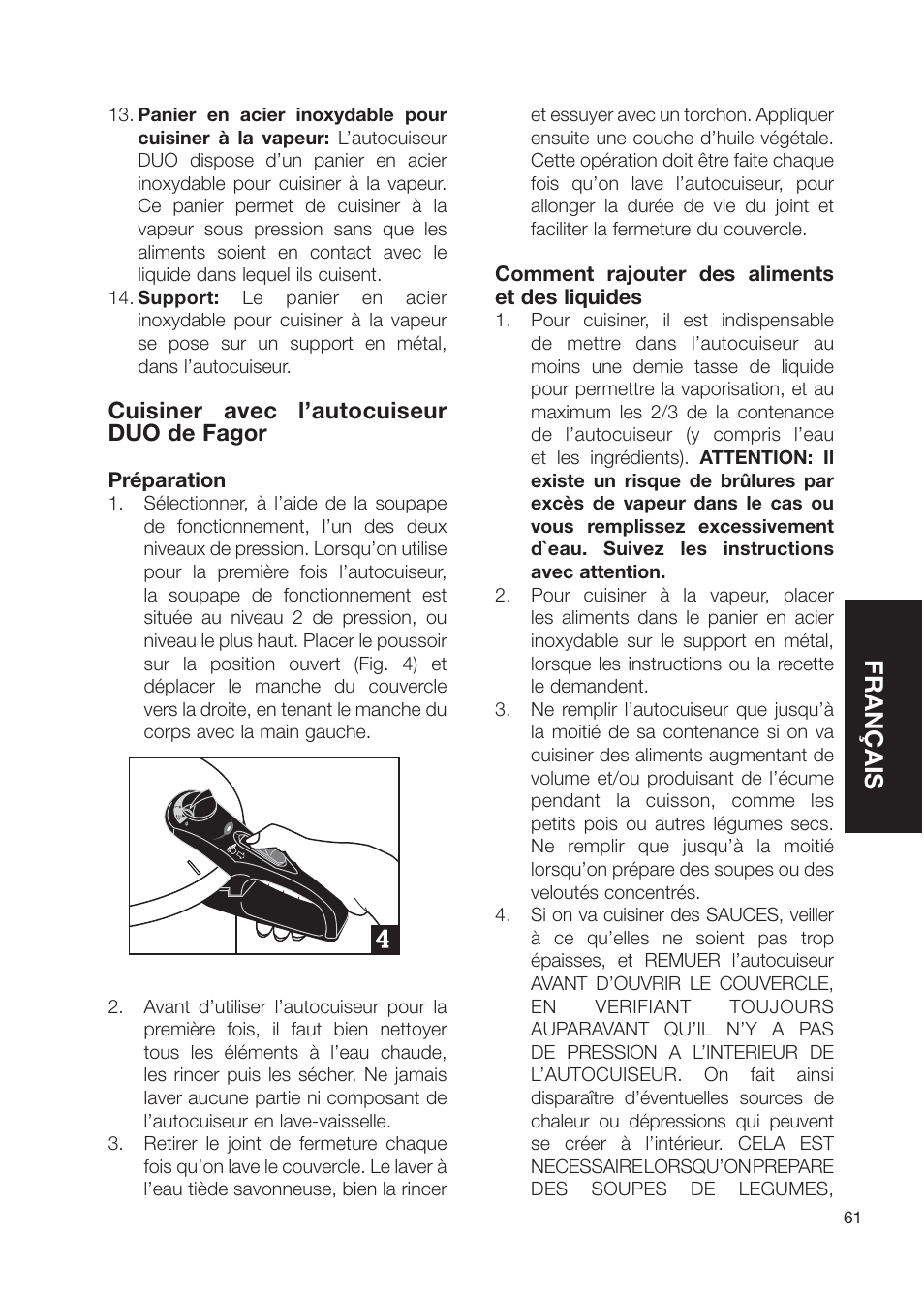 Français, Cuisiner avec l’autocuiseur duo de fagor | Fagor America Electric Pressure Cooker User Manual | Page 61 / 76