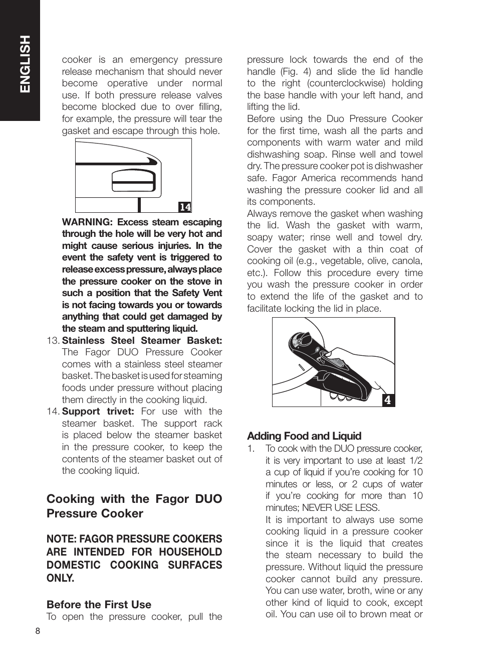 English, Cooking with the fagor duo pressure cooker | Fagor America Electric Pressure Cooker User Manual | Page 8 / 76