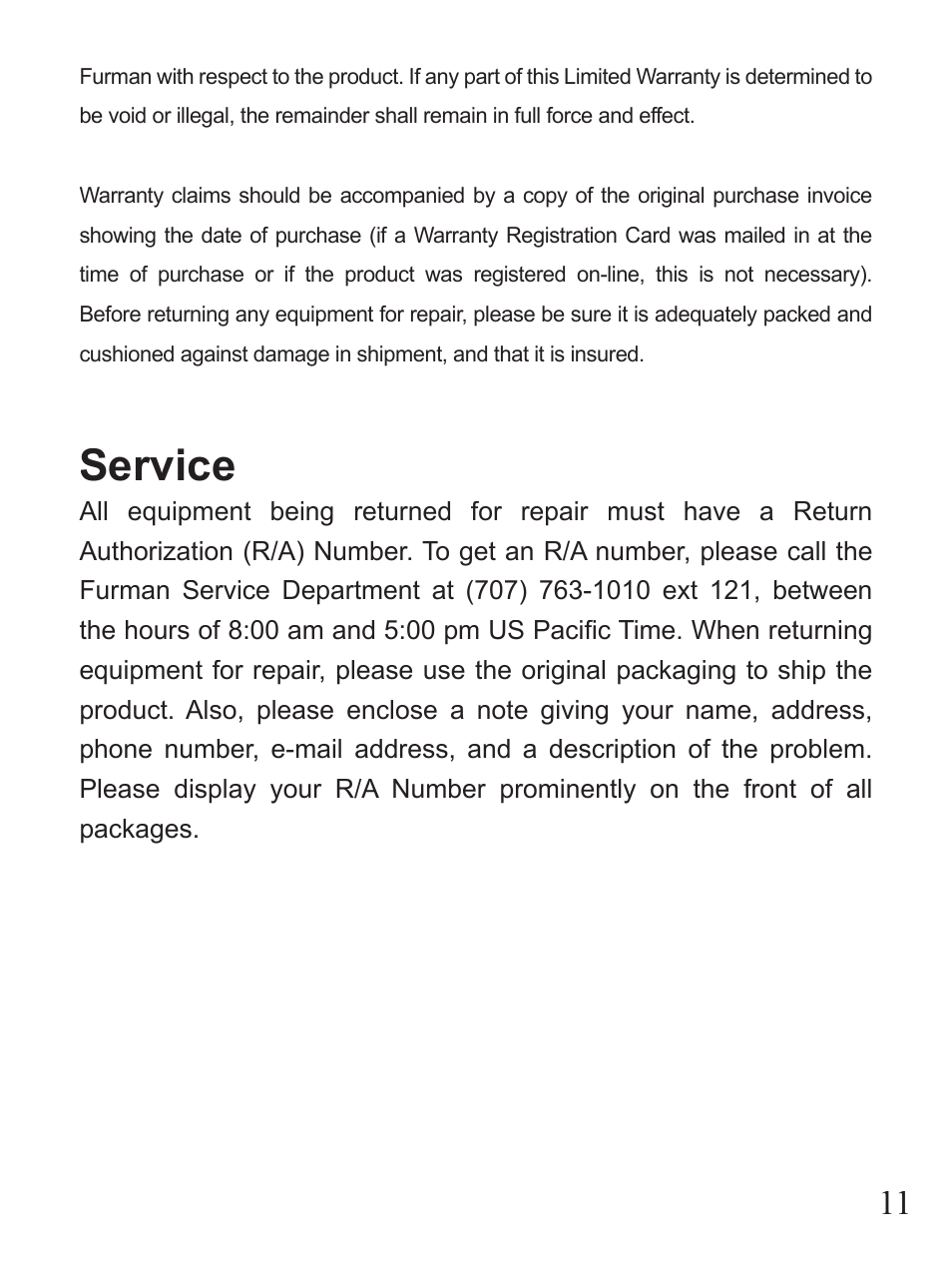 Service | Furman Sound PST-8 User Manual | Page 11 / 12