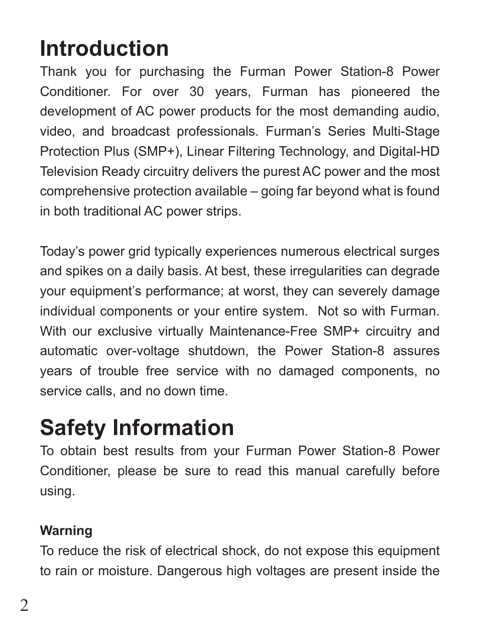 Introduction, Safety information | Furman Sound PST-8 User Manual | Page 2 / 12
