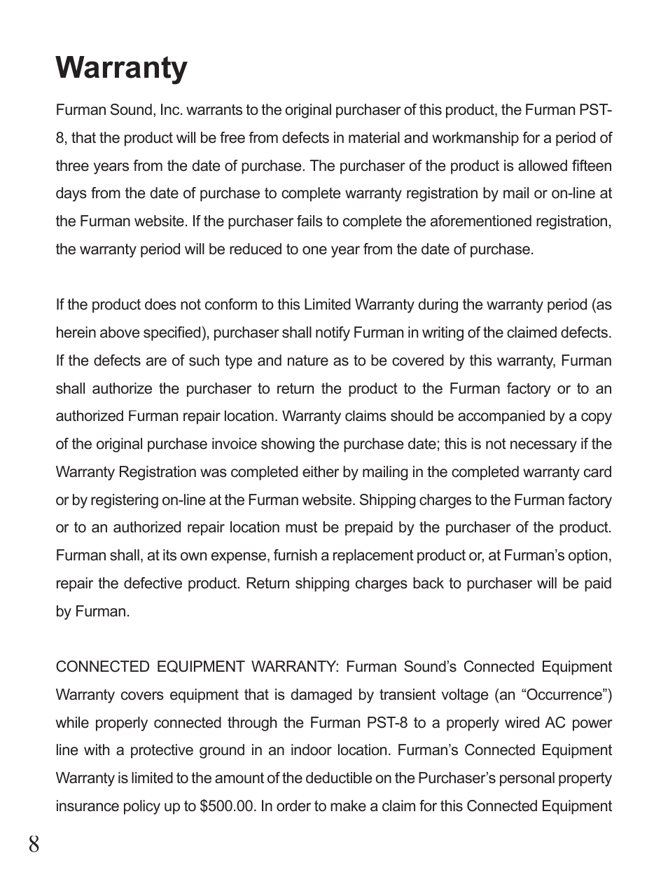 Warranty | Furman Sound PST-8 User Manual | Page 8 / 12