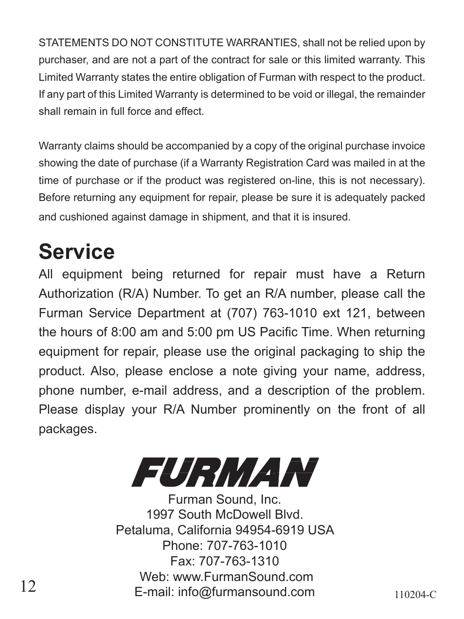 Service | Furman Sound PST-10D User Manual | Page 12 / 12