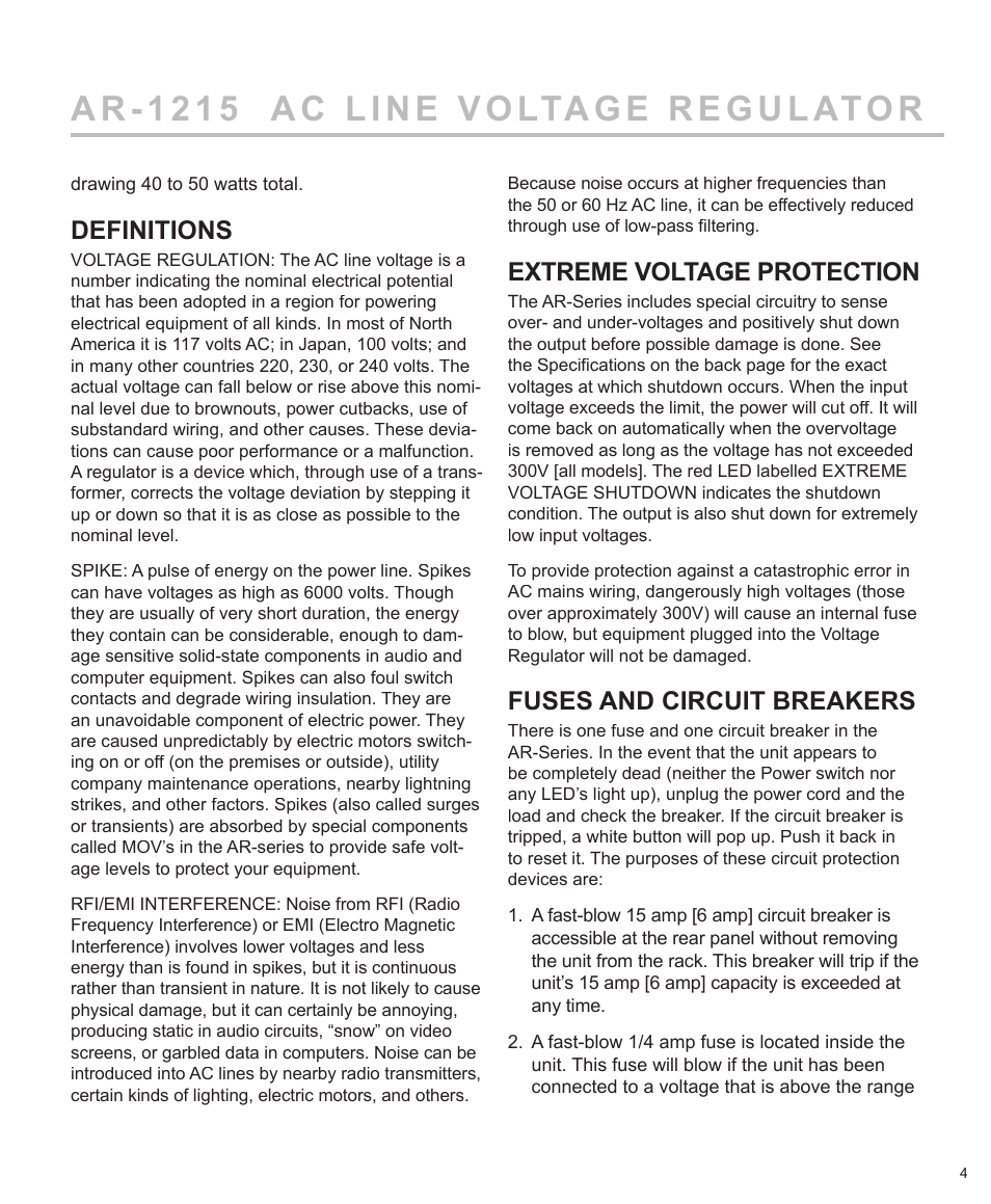 Definitions, Extreme voltage protection, Fuses and circuit breakers | Furman Sound AR-1215J User Manual | Page 5 / 8