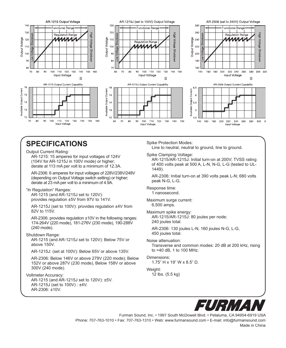 Specifications | Furman Sound AR-1215J User Manual | Page 8 / 8