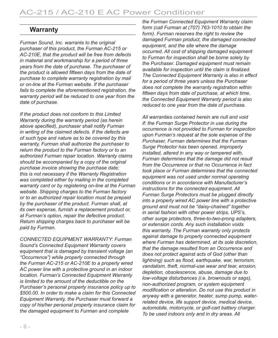 Warranty | Furman Sound AC-210 E User Manual | Page 6 / 8