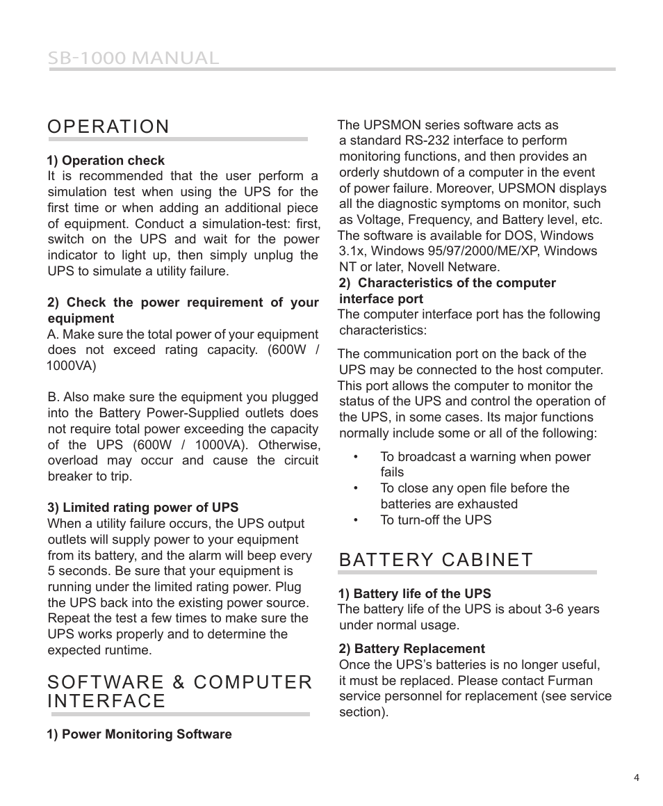 Sb-1000 manual operation, Software & computer interface, Battery cabinet | Furman Sound SB-1000 User Manual | Page 5 / 12