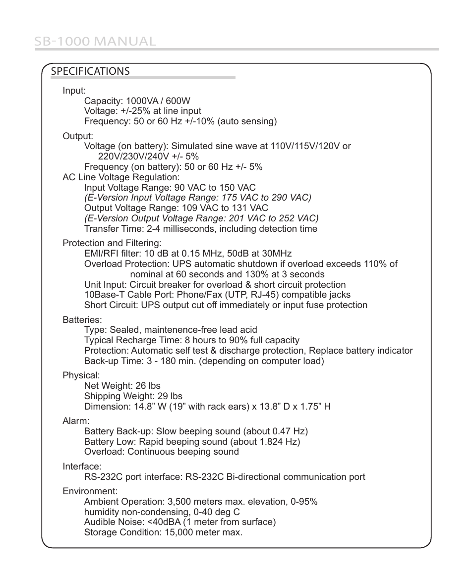 Sb-1000 manual, Specifications | Furman Sound SB-1000 User Manual | Page 9 / 12