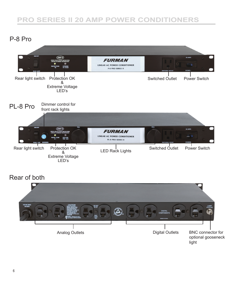Pro series ii 20 amp power conditioners, P-8 pro pl-8 pro rear of both | Furman Sound PL-8 PRO II User Manual | Page 7 / 8