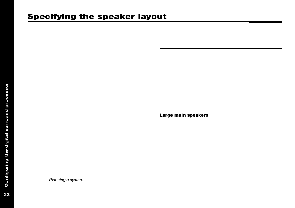 Specifying the speaker layout, With large left and right speakers, Layouts | How to use the table of speaker layouts | Meridian Audio 565 User Manual | Page 26 / 66