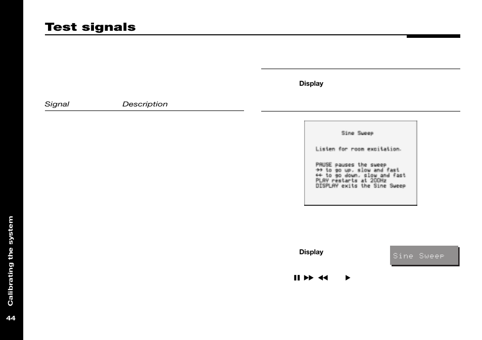 Test signals, Checking room vibrations, Sine sweep | Meridian Audio 565 User Manual | Page 48 / 66