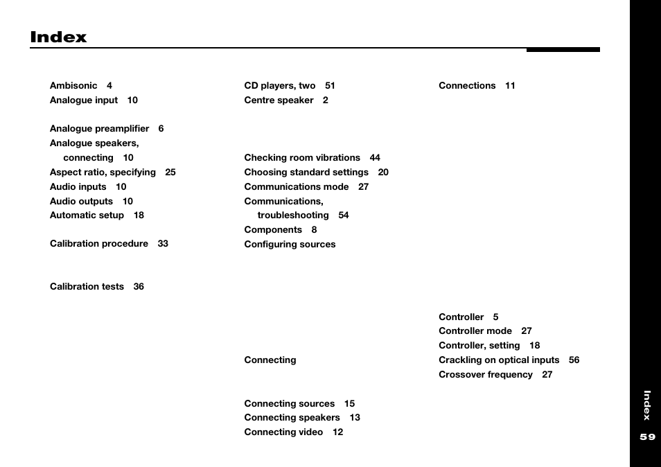 Index, Configuring sources, Connecting | Meridian Audio 565 User Manual | Page 63 / 66