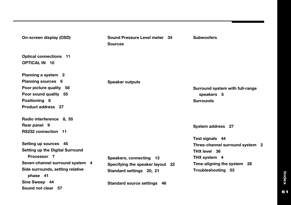 On-screen display (osd), Sources, Speaker outputs | Subwoofers, Surrounds | Meridian Audio 565 User Manual | Page 65 / 66