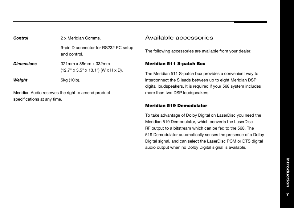 Accessories, Meridian 511 s-patch box, Meridian 519 demodulator | S-patch box, Available accessories | Meridian Audio 568 User Manual | Page 14 / 131