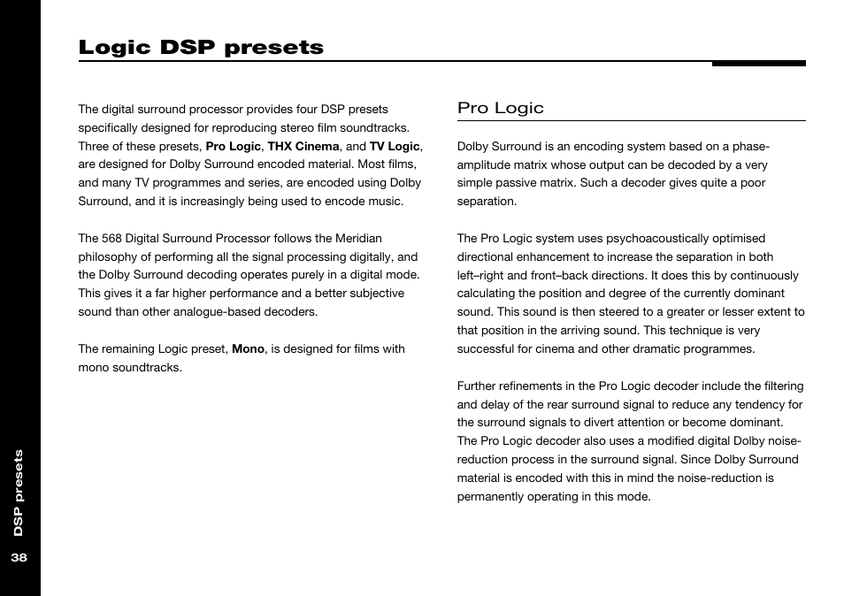 Logic dsp presets, Pro logic | Meridian Audio 568 User Manual | Page 45 / 131