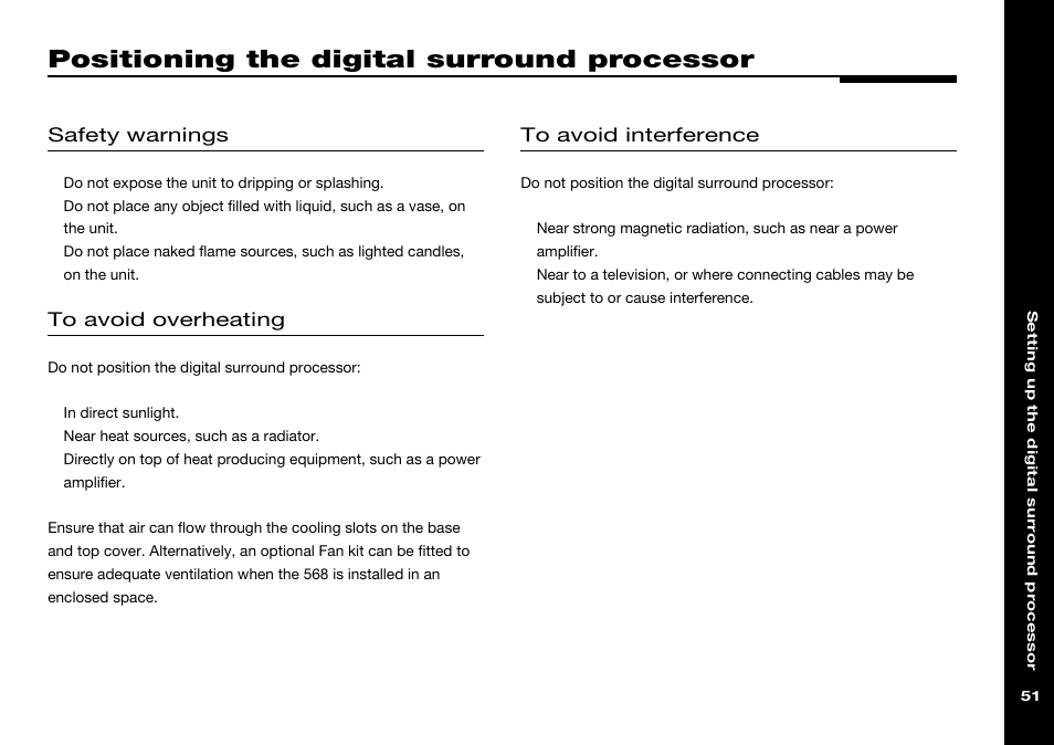 Positioning the digital surround processor, Safety warnings, Ventilation | Positioning the digital surround, Processor | Meridian Audio 568 User Manual | Page 58 / 131
