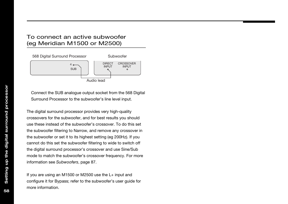 Active subwoofer, connecting, Meridian m1500 or m2500, connecting, Crossover | Meridian Audio 568 User Manual | Page 65 / 131