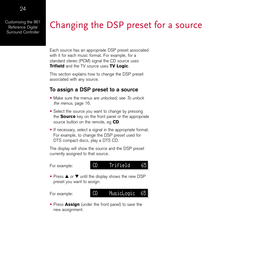 Changing the dsp preset for a source | Meridian Audio 861 User Manual | Page 28 / 62
