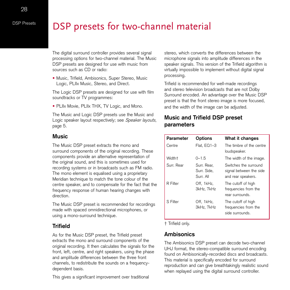 Dsp presets for two-channel material, Music, Trifield | Music and trifield dsp preset parameters, Ambisonics | Meridian Audio 861 User Manual | Page 32 / 62