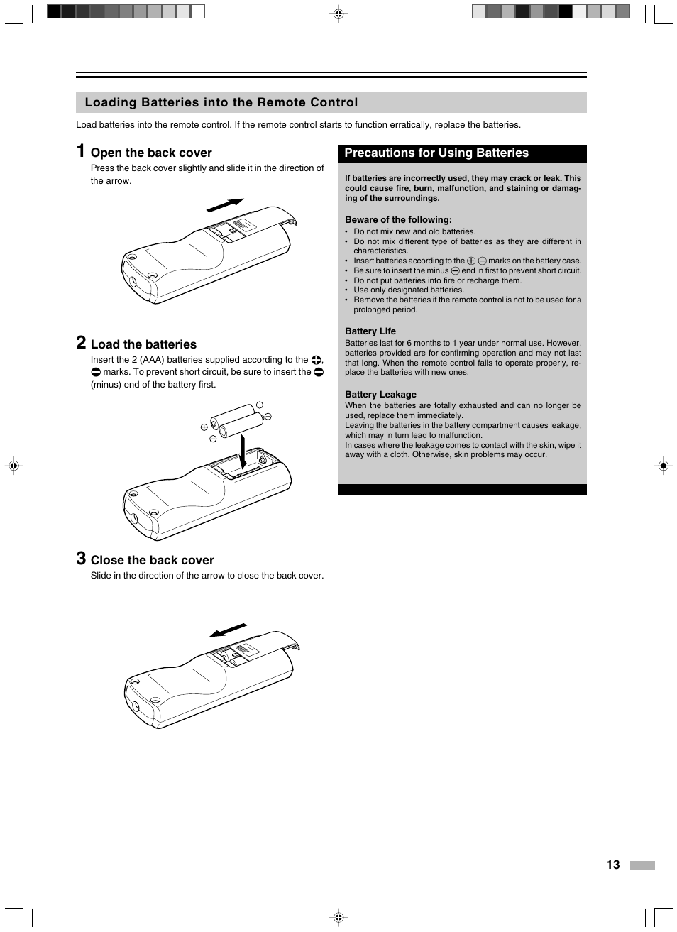 Loading batteries into the remote control, Open the back cover, Load the batteries | Close the back cover | Meridian Audio D-ILA 1080MF2 User Manual | Page 13 / 40