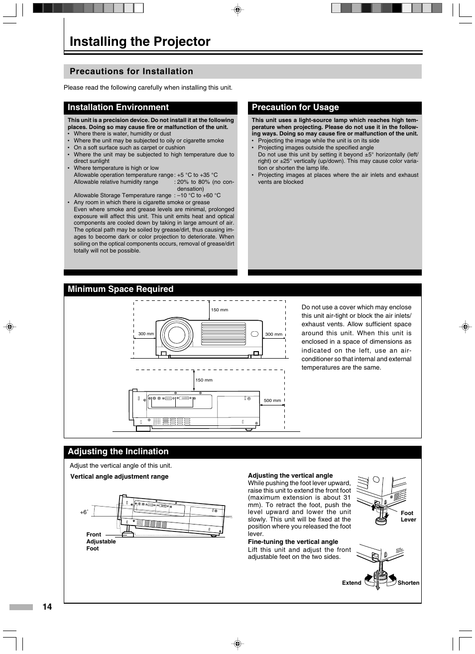 Installing the projector, Precautions for installation, Minimum space required adjusting the inclination | Installation environment, Precaution for usage | Meridian Audio D-ILA 1080MF2 User Manual | Page 14 / 40
