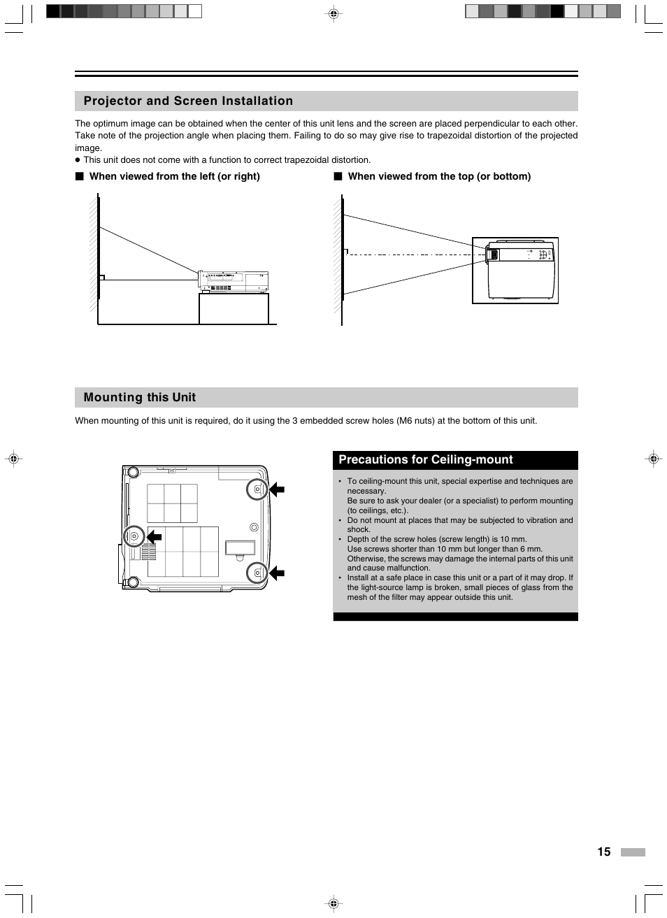 Projector and screen installation, Mounting this unit, 15 projector and screen installation | Precautions for ceiling-mount | Meridian Audio D-ILA 1080MF2 User Manual | Page 15 / 40