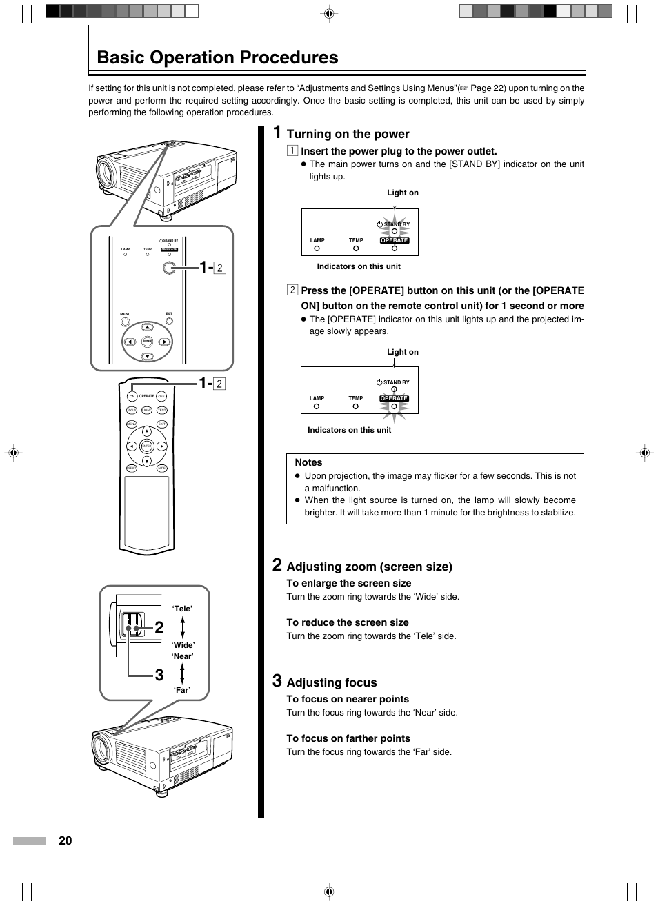 Basic operation procedures, Adjusting zoom (screen size), Adjusting focus | Turning on the power 1 | Meridian Audio D-ILA 1080MF2 User Manual | Page 20 / 40