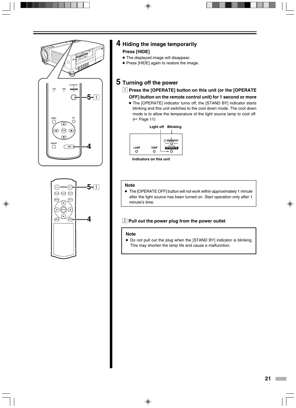 Hiding the image temporarily, Turning off the power 1 | Meridian Audio D-ILA 1080MF2 User Manual | Page 21 / 40